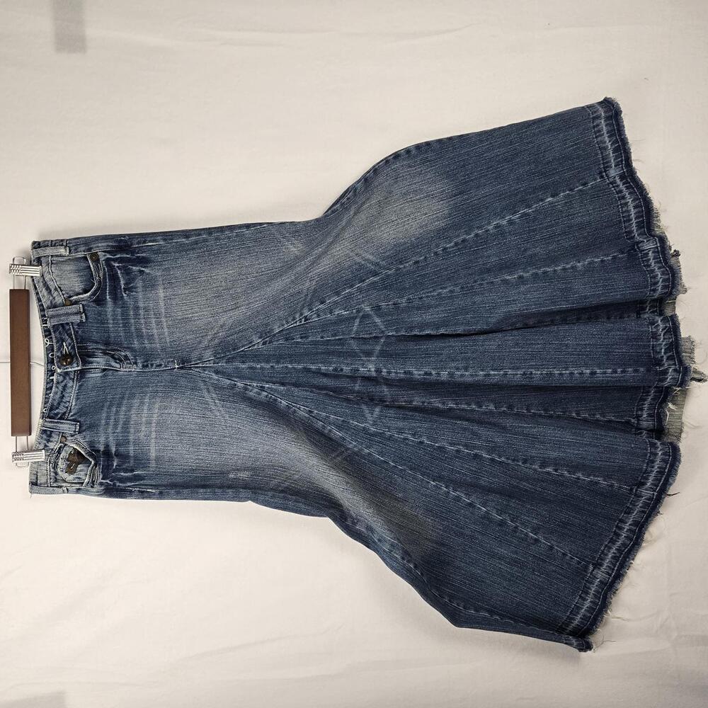 Vintage Unique Industrial Cotton Denim Maxi Skirt Jeans Flare Boho Hippy Size 3